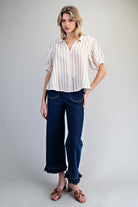 ee:some Lace Trim Striped Button Down Top – Natural-shirts-ee:some-Deja Nu Boutique, Women's Fashion Boutique in Lampasas, Texas