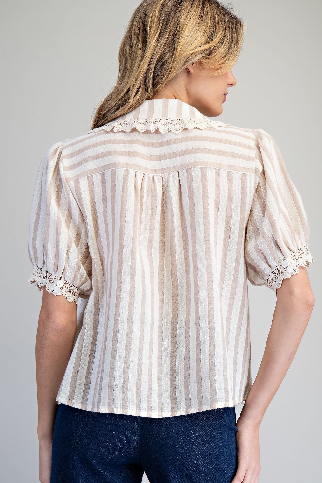 ee:some Lace Trim Striped Button Down Top – Natural-shirts-ee:some-Deja Nu Boutique, Women's Fashion Boutique in Lampasas, Texas