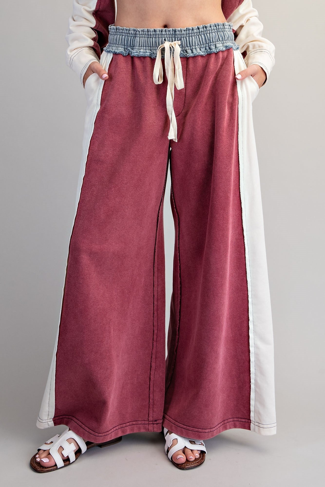 ee:some Color Block Denim Drawstring Pants in Red Bean-bottoms-ee:some-Deja Nu Boutique, Women's Fashion Boutique in Lampasas, Texas