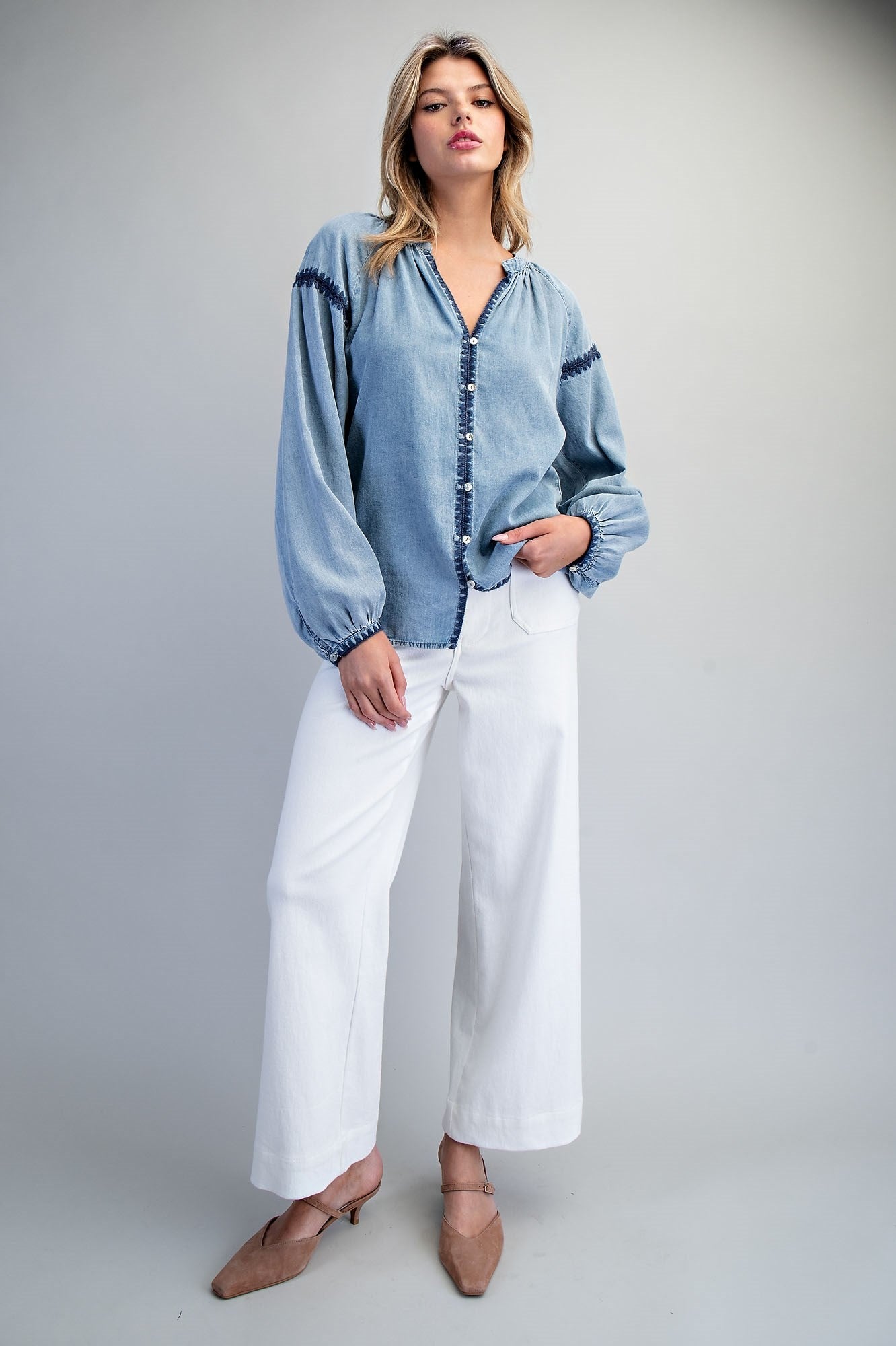 ee:some Contrast Mineral Washed Denim Blouse with Embroidery | Boho Balloon Sleeve Top-Tops-ee:some-Deja Nu Boutique, Women's Fashion Boutique in Lampasas, Texas