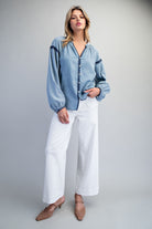 ee:some Contrast Mineral Washed Denim Blouse with Embroidery | Boho Balloon Sleeve Top-Tops-ee:some-Deja Nu Boutique, Women's Fashion Boutique in Lampasas, Texas
