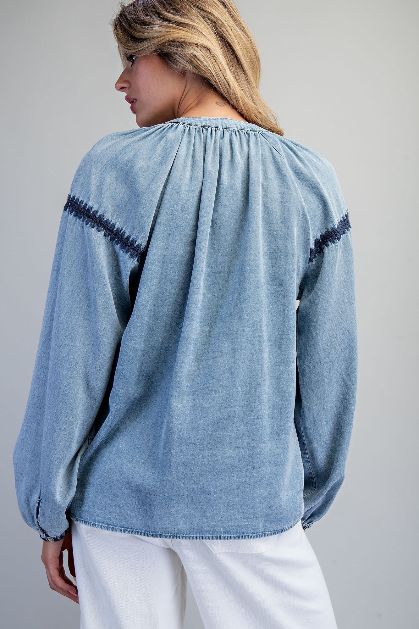 ee:some Contrast Mineral Washed Denim Blouse with Embroidery | Boho Balloon Sleeve Top-Tops-ee:some-Deja Nu Boutique, Women's Fashion Boutique in Lampasas, Texas