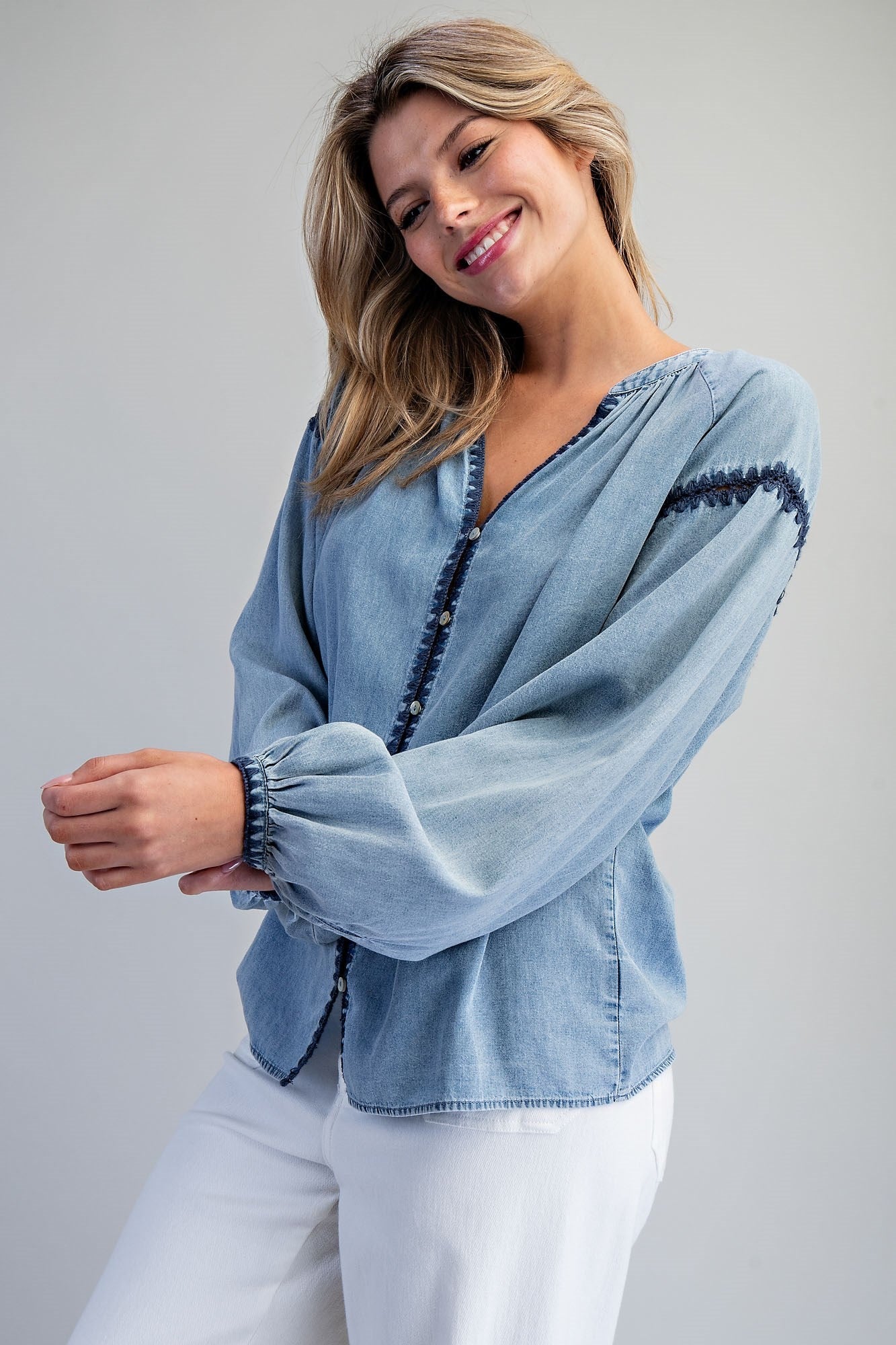 ee:some Contrast Mineral Washed Denim Blouse with Embroidery | Boho Balloon Sleeve Top-Tops-ee:some-Deja Nu Boutique, Women's Fashion Boutique in Lampasas, Texas