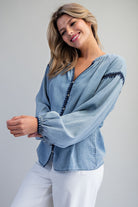 ee:some Contrast Mineral Washed Denim Blouse with Embroidery | Boho Balloon Sleeve Top-Tops-ee:some-Deja Nu Boutique, Women's Fashion Boutique in Lampasas, Texas
