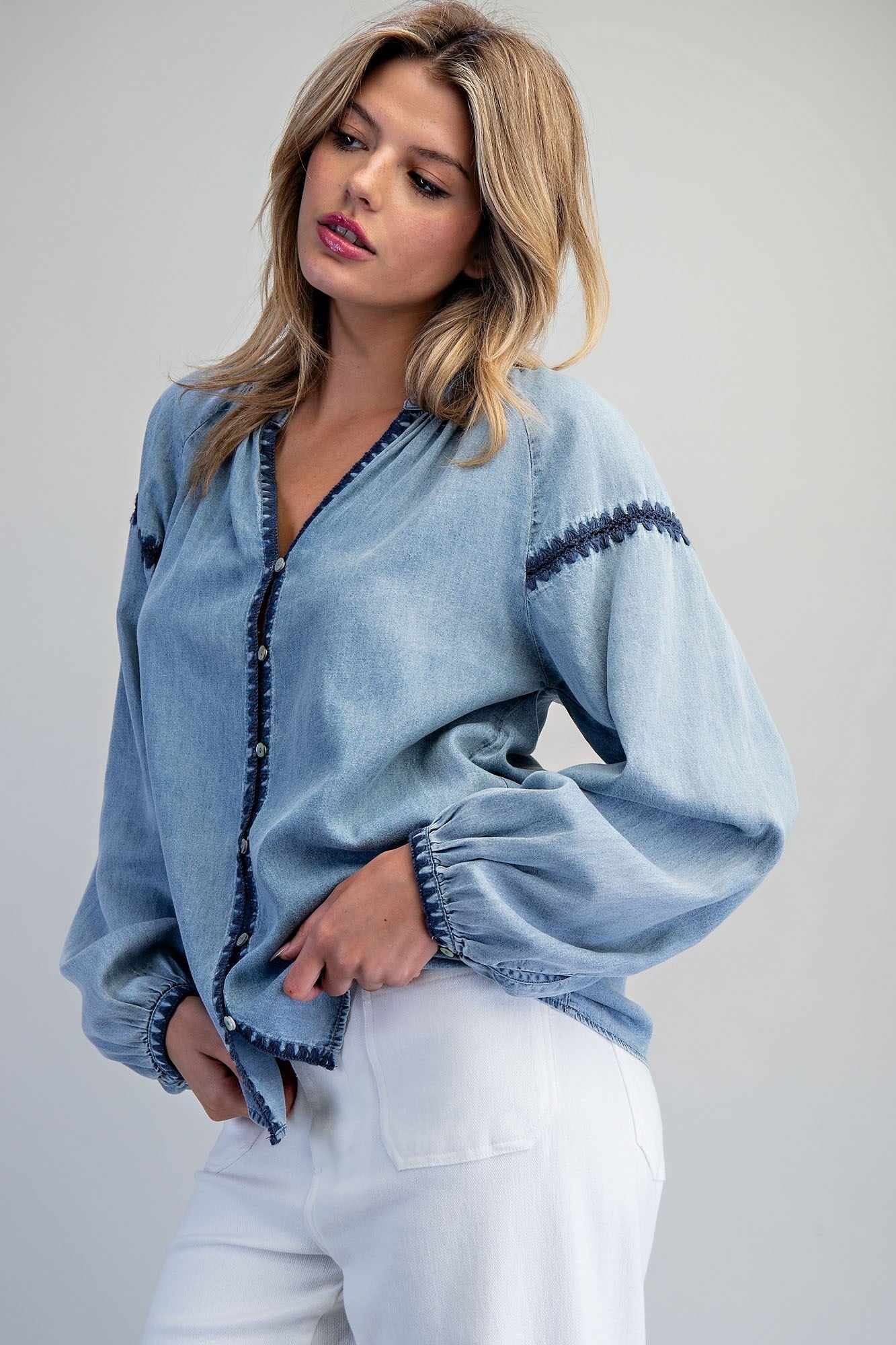 ee:some Contrast Mineral Washed Denim Blouse with Embroidery | Boho Balloon Sleeve Top-Tops-ee:some-Deja Nu Boutique, Women's Fashion Boutique in Lampasas, Texas
