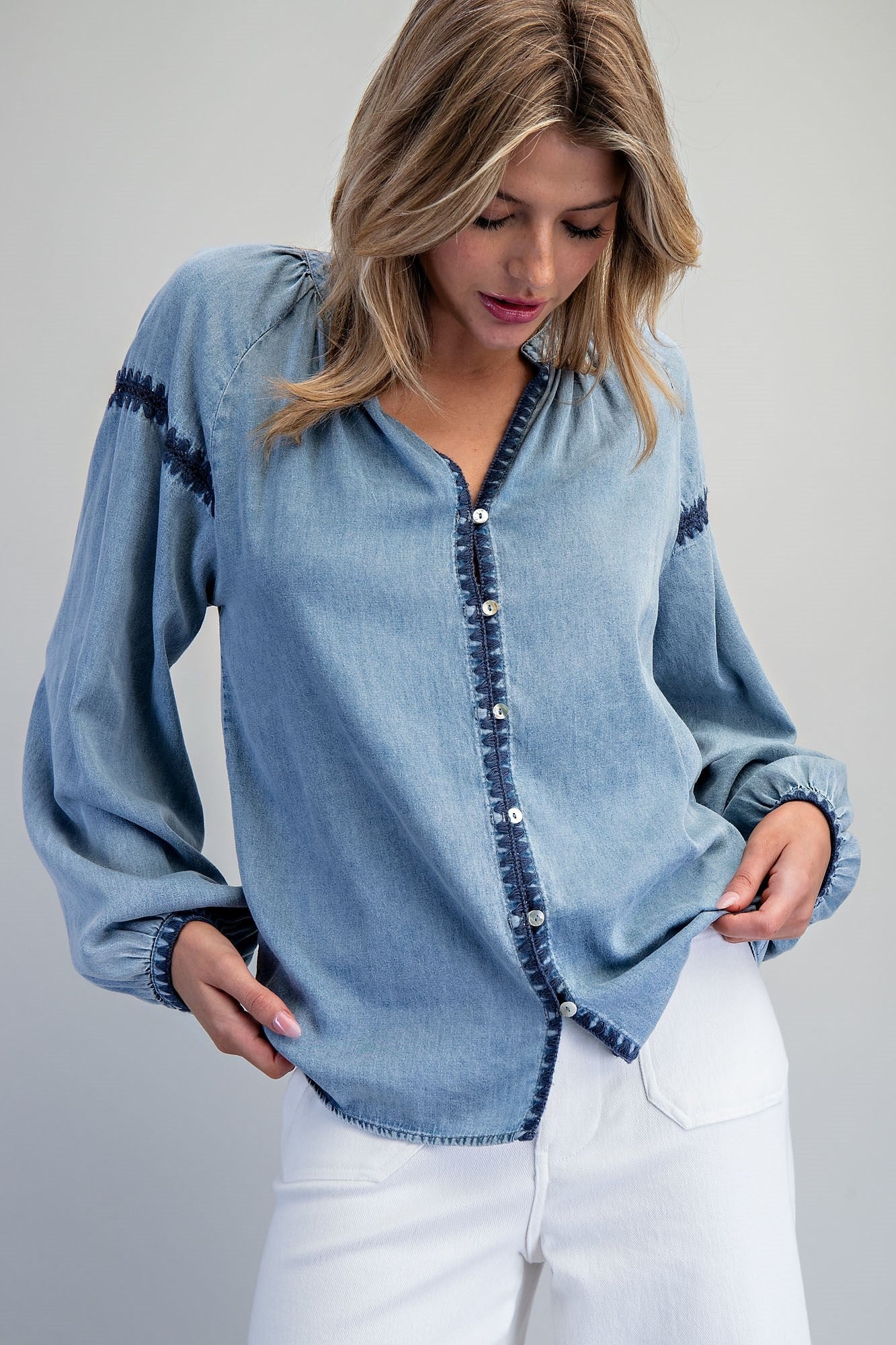 ee:some Contrast Mineral Washed Denim Blouse with Embroidery | Boho Balloon Sleeve Top-Tops-ee:some-Deja Nu Boutique, Women's Fashion Boutique in Lampasas, Texas
