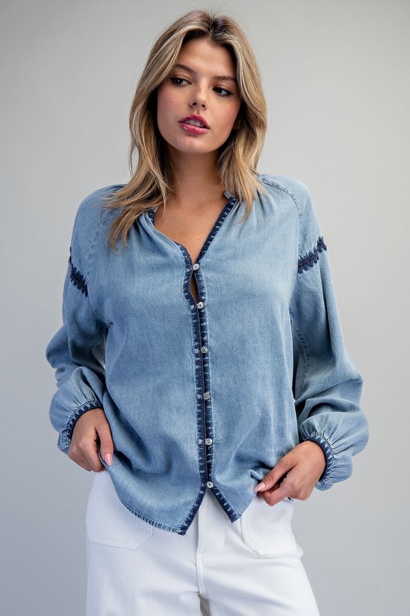 ee:some Contrast Mineral Washed Denim Blouse with Embroidery | Boho Balloon Sleeve Top-Tops-ee:some-Deja Nu Boutique, Women's Fashion Boutique in Lampasas, Texas
