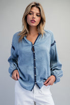 ee:some Contrast Mineral Washed Denim Blouse with Embroidery | Boho Balloon Sleeve Top-Tops-ee:some-Deja Nu Boutique, Women's Fashion Boutique in Lampasas, Texas