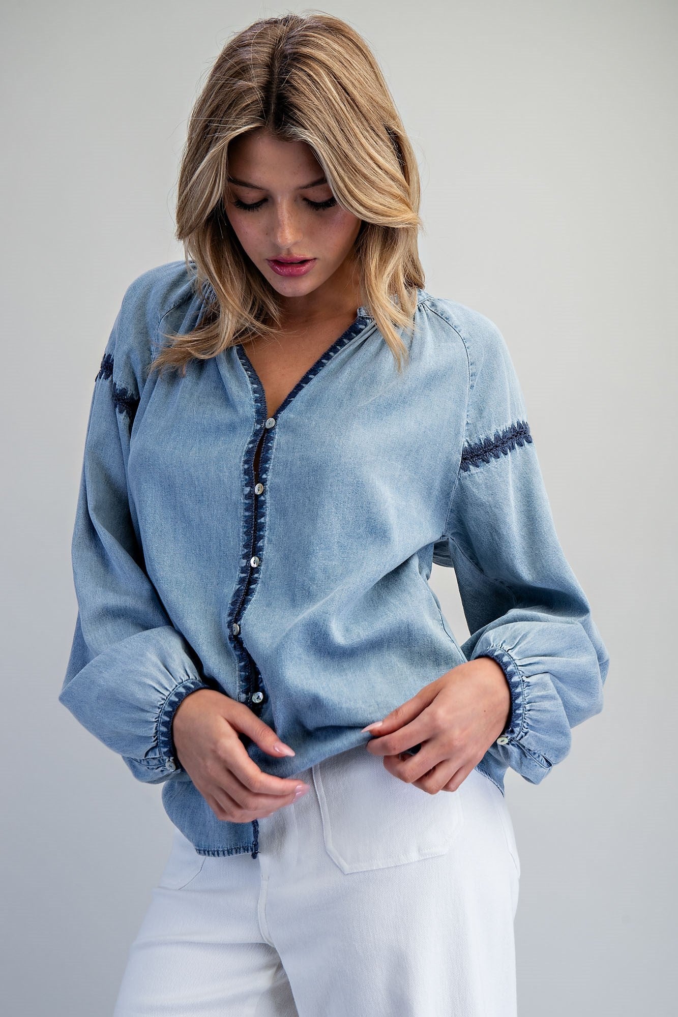 ee:some Contrast Mineral Washed Denim Blouse with Embroidery | Boho Balloon Sleeve Top-Tops-ee:some-Deja Nu Boutique, Women's Fashion Boutique in Lampasas, Texas