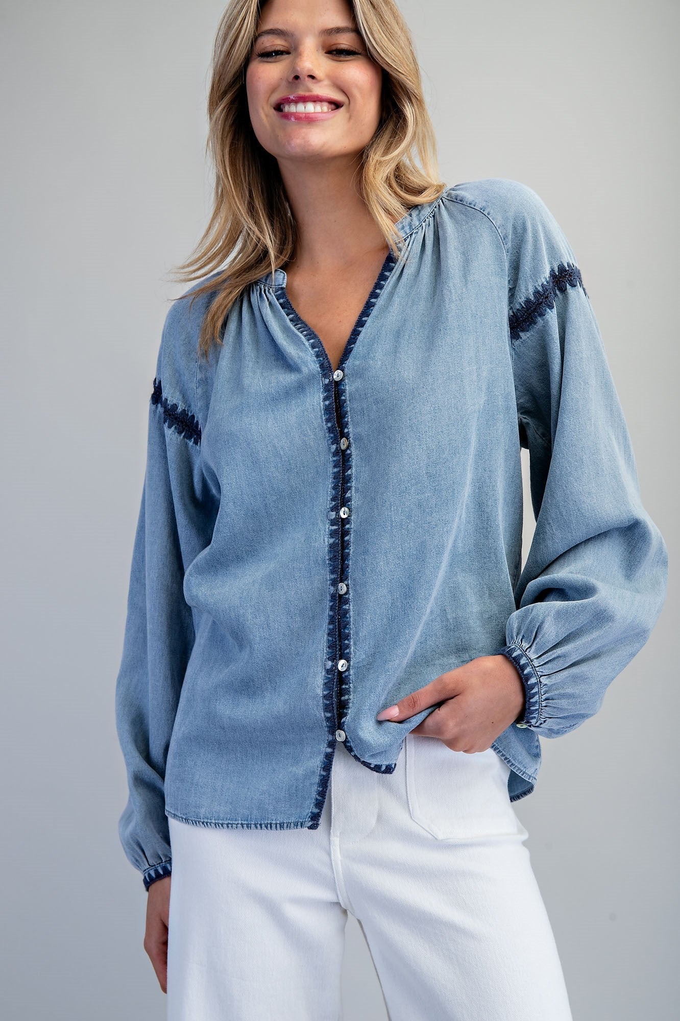 ee:some Contrast Mineral Washed Denim Blouse with Embroidery | Boho Balloon Sleeve Top-Tops-ee:some-Deja Nu Boutique, Women's Fashion Boutique in Lampasas, Texas