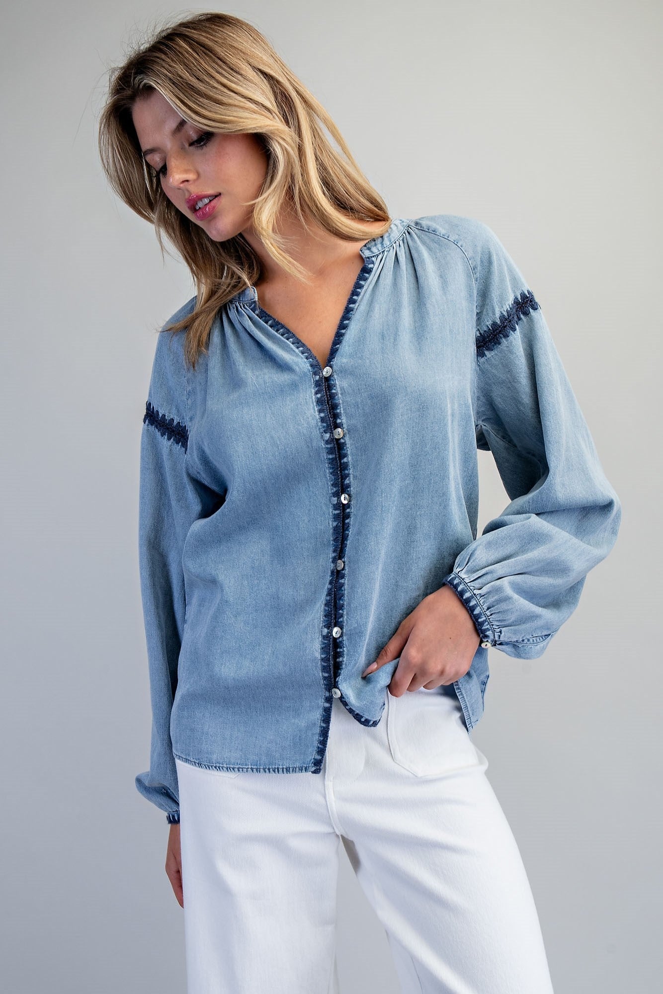 ee:some Contrast Mineral Washed Denim Blouse with Embroidery | Boho Balloon Sleeve Top-Tops-ee:some-Deja Nu Boutique, Women's Fashion Boutique in Lampasas, Texas