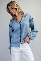 ee:some Contrast Mineral Washed Denim Blouse with Embroidery | Boho Balloon Sleeve Top-Tops-ee:some-Deja Nu Boutique, Women's Fashion Boutique in Lampasas, Texas