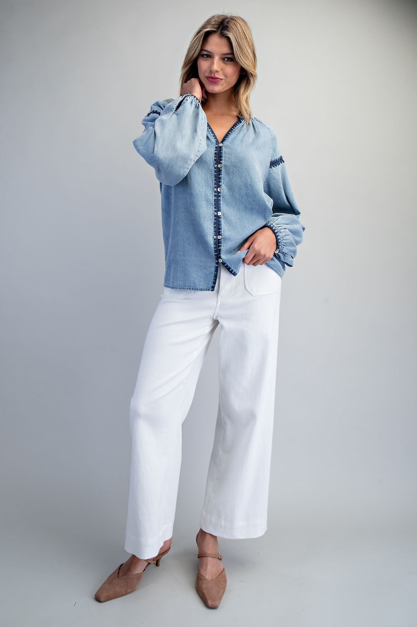 ee:some Contrast Mineral Washed Denim Blouse with Embroidery | Boho Balloon Sleeve Top-Tops-ee:some-Deja Nu Boutique, Women's Fashion Boutique in Lampasas, Texas