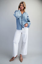 ee:some Contrast Mineral Washed Denim Blouse with Embroidery | Boho Balloon Sleeve Top-Tops-ee:some-Deja Nu Boutique, Women's Fashion Boutique in Lampasas, Texas