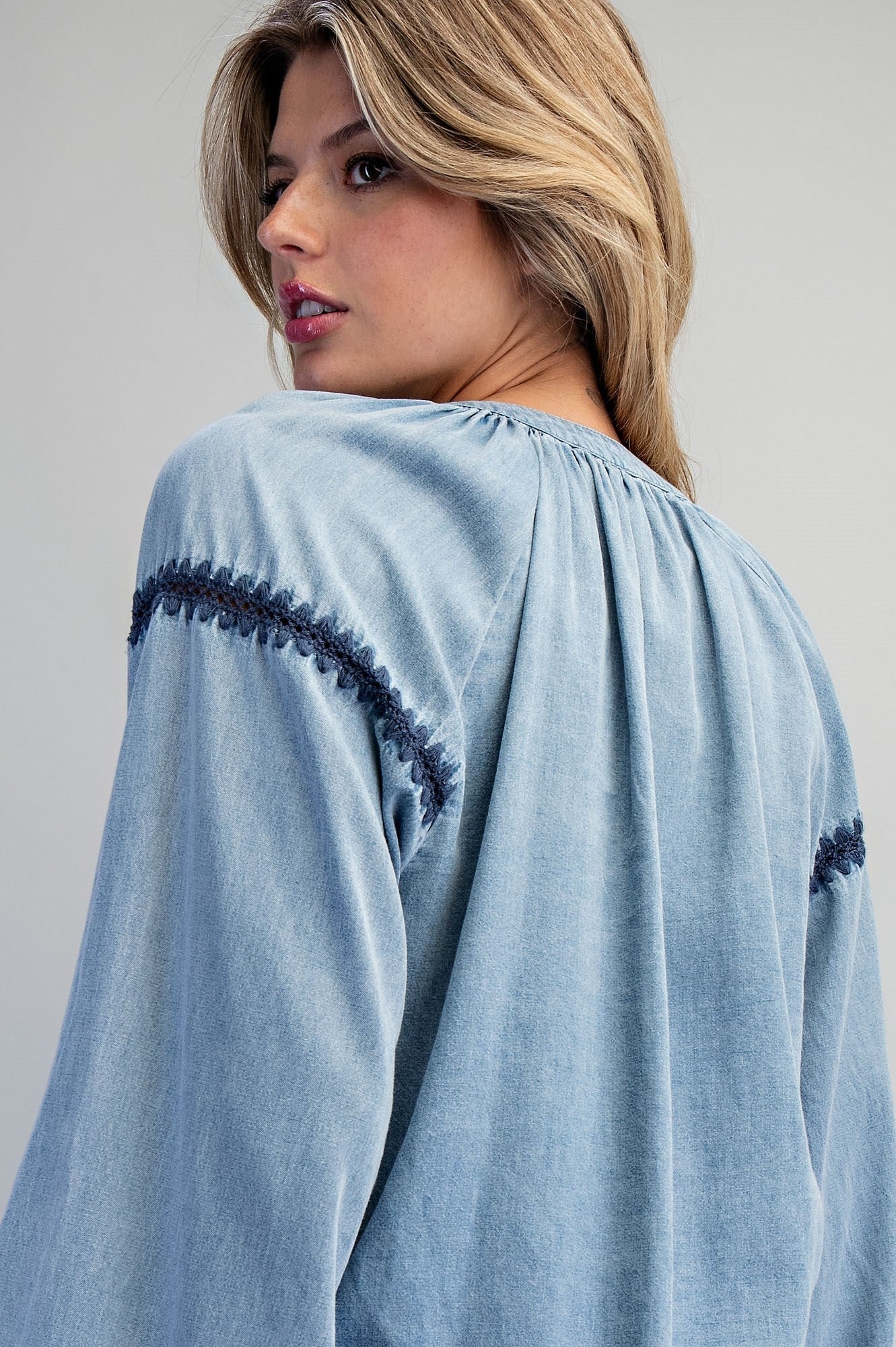 ee:some Contrast Mineral Washed Denim Blouse with Embroidery | Boho Balloon Sleeve Top-Tops-ee:some-Deja Nu Boutique, Women's Fashion Boutique in Lampasas, Texas