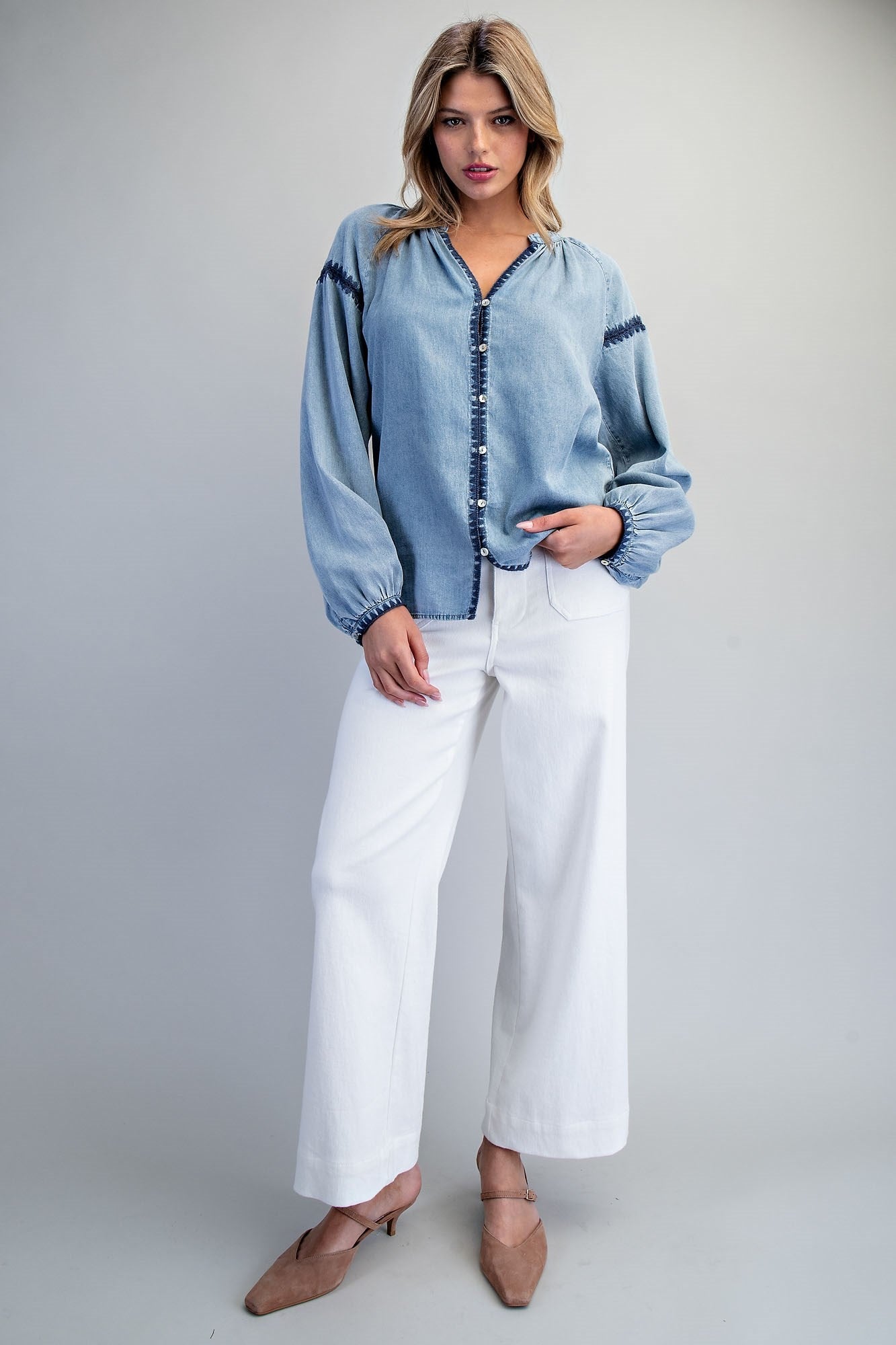 ee:some Contrast Mineral Washed Denim Blouse with Embroidery | Boho Balloon Sleeve Top-Tops-ee:some-Deja Nu Boutique, Women's Fashion Boutique in Lampasas, Texas