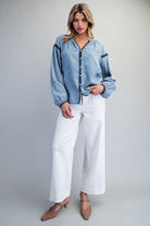 ee:some Contrast Mineral Washed Denim Blouse with Embroidery | Boho Balloon Sleeve Top-Tops-ee:some-Deja Nu Boutique, Women's Fashion Boutique in Lampasas, Texas