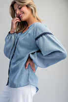 ee:some Contrast Mineral Washed Denim Blouse with Embroidery | Boho Balloon Sleeve Top-Tops-ee:some-Deja Nu Boutique, Women's Fashion Boutique in Lampasas, Texas