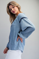 ee:some Contrast Mineral Washed Denim Blouse with Embroidery | Boho Balloon Sleeve Top-Tops-ee:some-Deja Nu Boutique, Women's Fashion Boutique in Lampasas, Texas
