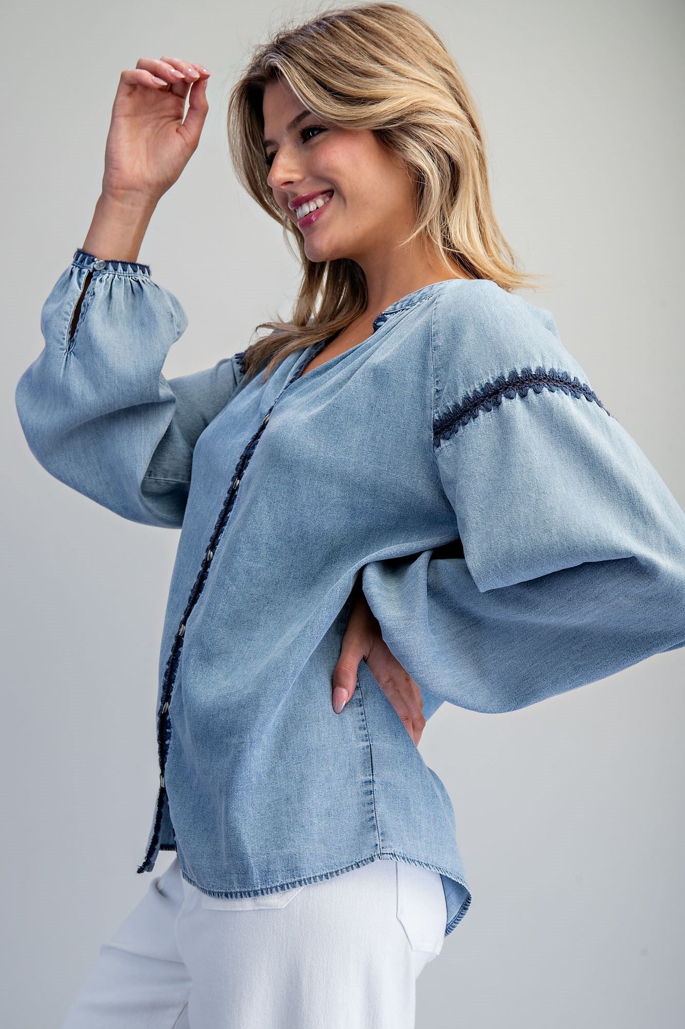 ee:some Contrast Mineral Washed Denim Blouse with Embroidery | Boho Balloon Sleeve Top-Tops-ee:some-Deja Nu Boutique, Women's Fashion Boutique in Lampasas, Texas