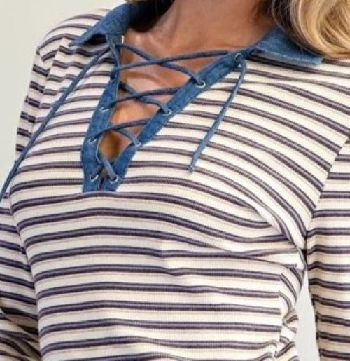 ee:some Mineral Washed Striped Lace-Up Top – Fig Cream-shirts-ee:some-Deja Nu Boutique, Women's Fashion Boutique in Lampasas, Texas