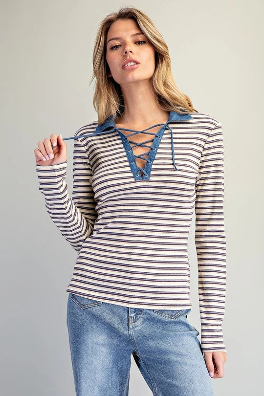 ee:some Mineral Washed Striped Lace-Up Top – Fig Cream-shirts-ee:some-Deja Nu Boutique, Women's Fashion Boutique in Lampasas, Texas