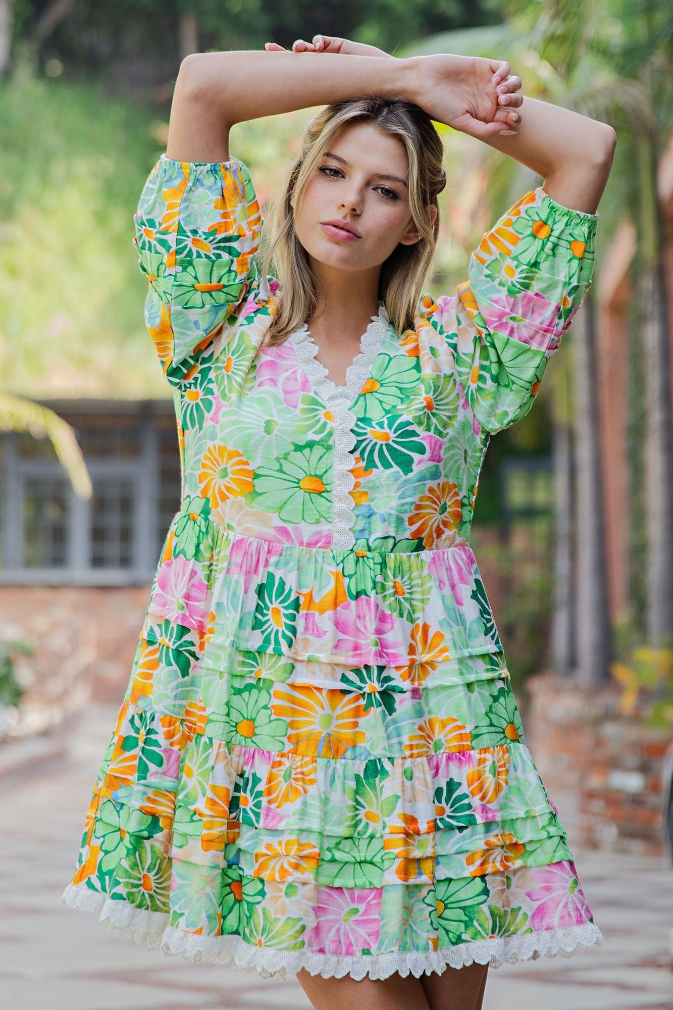 ee:some Floral Lace Trim Tiered Mini Dress – Spring Green Multi-mini dress-eesome-Deja Nu Boutique, Women's Fashion Boutique in Lampasas, Texas