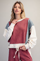 ee:some Frayed Color Block Pullover in Red Bean-Tops-ee:some-Deja Nu Boutique, Women's Fashion Boutique in Lampasas, Texas