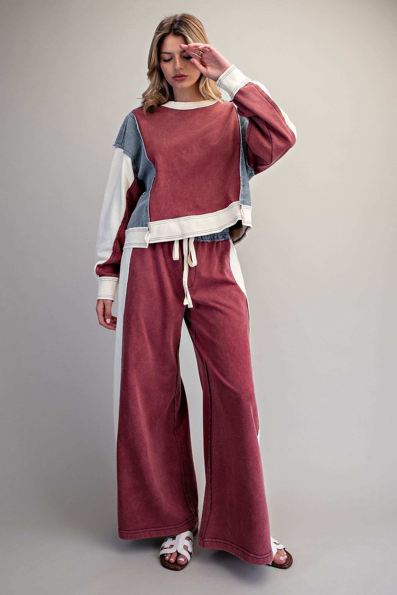 ee:some Frayed Color Block Pullover in Red Bean-Tops-ee:some-Deja Nu Boutique, Women's Fashion Boutique in Lampasas, Texas