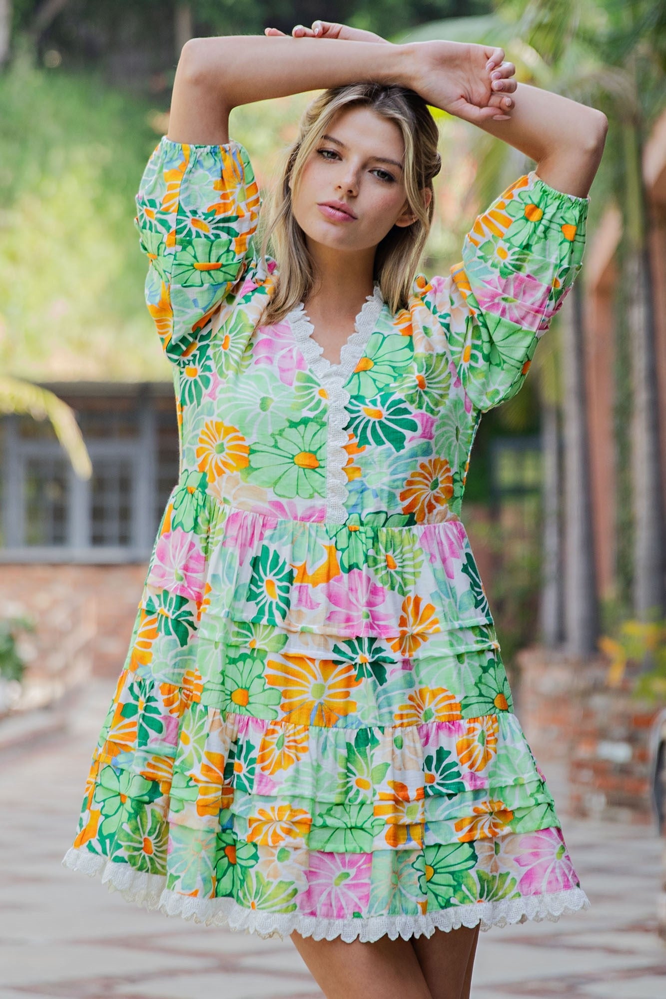 ee:some Floral Lace Trim Tiered Mini Dress – Spring Green Multi-mini dress-eesome-Deja Nu Boutique, Women's Fashion Boutique in Lampasas, Texas