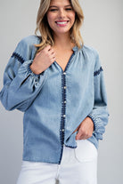 ee:some Contrast Mineral Washed Denim Blouse with Embroidery | Boho Balloon Sleeve Top-Tops-ee:some-Deja Nu Boutique, Women's Fashion Boutique in Lampasas, Texas