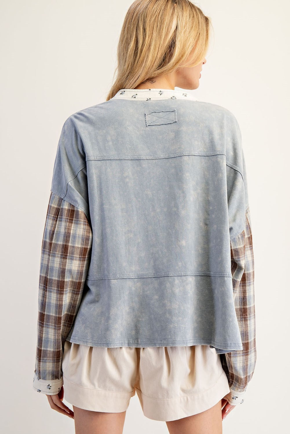 ee:some Mineral Washed Floral Trim Plaid Contrast Top-Tops-ee:some-Deja Nu Boutique, Women's Fashion Boutique in Lampasas, Texas