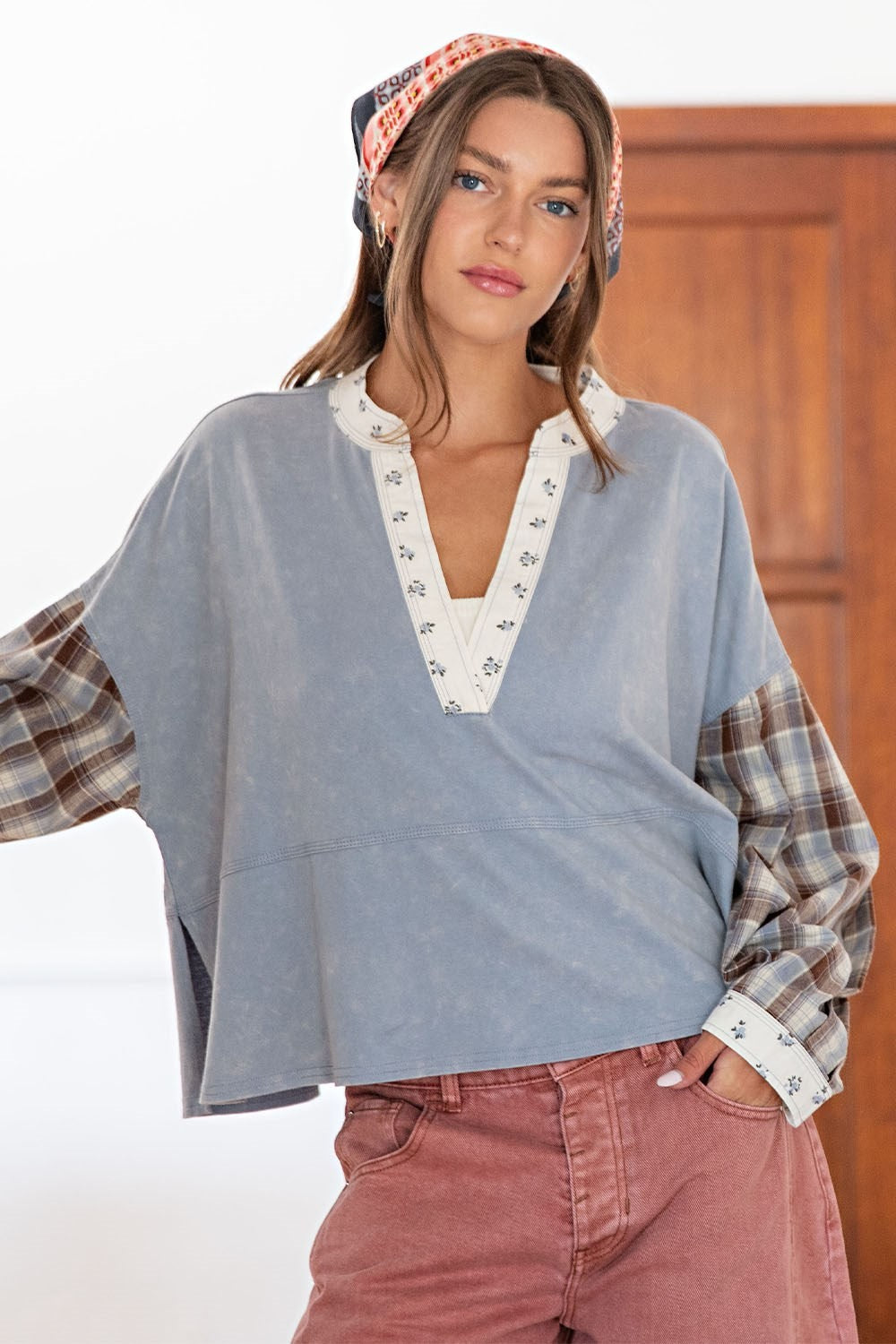 ee:some Mineral Washed Floral Trim Plaid Contrast Top-Tops-ee:some-Deja Nu Boutique, Women's Fashion Boutique in Lampasas, Texas