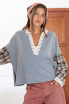ee:some Mineral Washed Floral Trim Plaid Contrast Top-Tops-ee:some-Deja Nu Boutique, Women's Fashion Boutique in Lampasas, Texas
