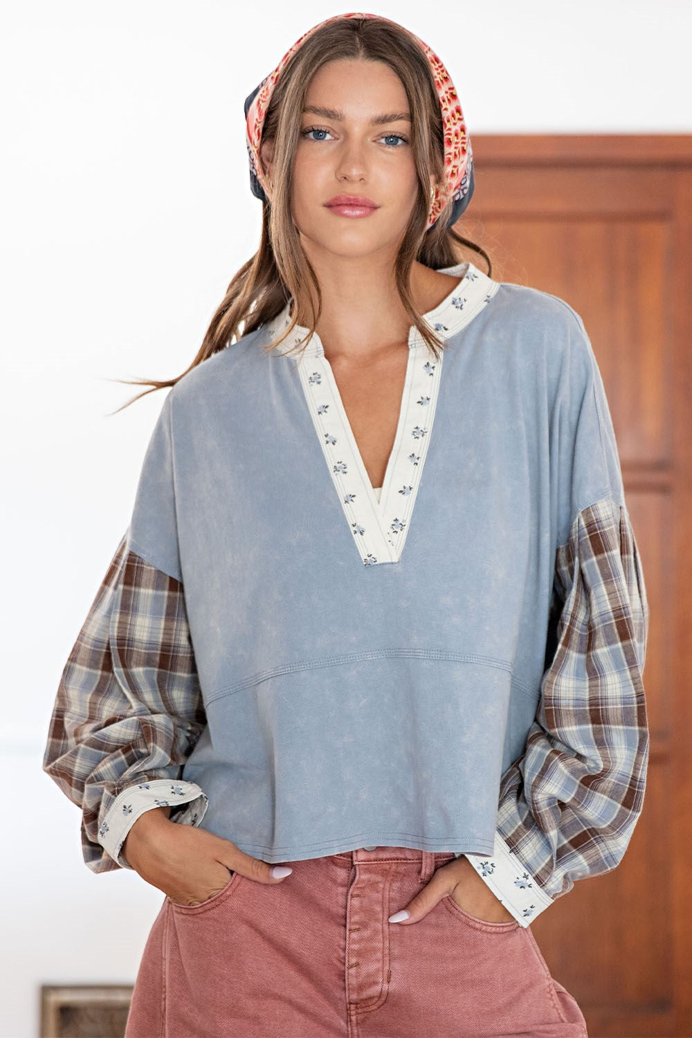 ee:some Mineral Washed Floral Trim Plaid Contrast Top-Tops-ee:some-Deja Nu Boutique, Women's Fashion Boutique in Lampasas, Texas