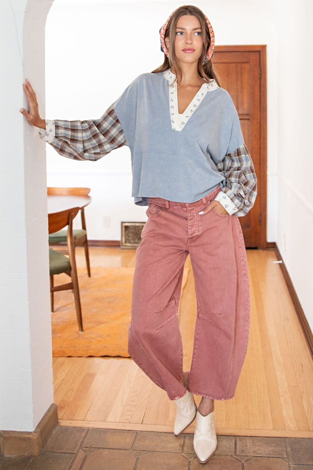 ee:some Mineral Washed Floral Trim Plaid Contrast Top-Tops-ee:some-Deja Nu Boutique, Women's Fashion Boutique in Lampasas, Texas