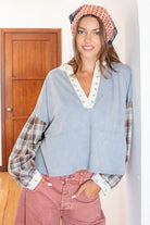 ee:some Mineral Washed Floral Trim Plaid Contrast Top-Tops-ee:some-Deja Nu Boutique, Women's Fashion Boutique in Lampasas, Texas