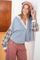 ee:some Mineral Washed Floral Trim Plaid Contrast Top-Tops-ee:some-Deja Nu Boutique, Women's Fashion Boutique in Lampasas, Texas
