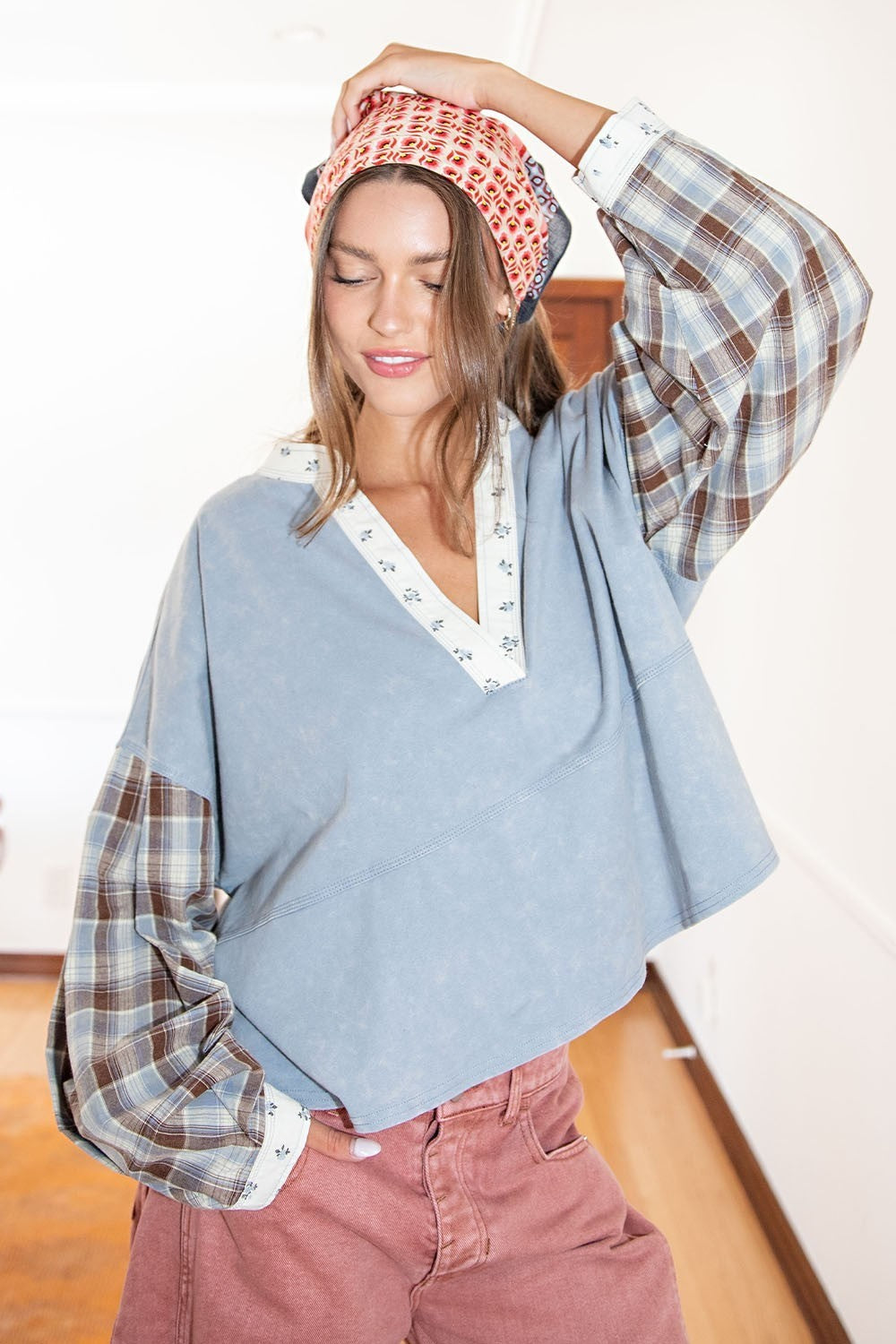 ee:some Mineral Washed Floral Trim Plaid Contrast Top-Tops-ee:some-Deja Nu Boutique, Women's Fashion Boutique in Lampasas, Texas