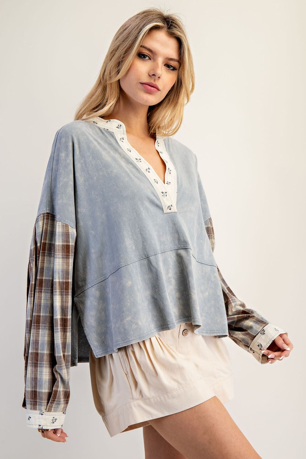ee:some Mineral Washed Floral Trim Plaid Contrast Top-Tops-ee:some-Deja Nu Boutique, Women's Fashion Boutique in Lampasas, Texas
