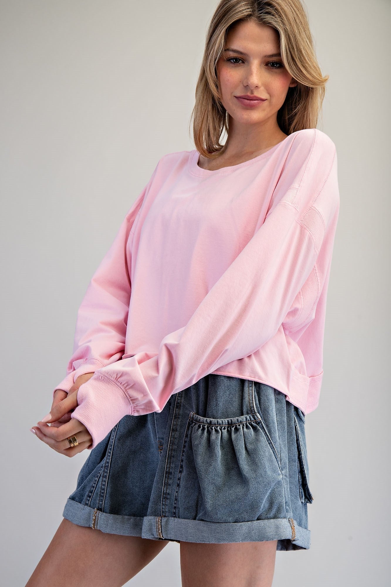 ee:some Mineral Washed Round Neck Top - Sweet Pink-Long Sleeves-ee:some-Deja Nu Boutique, Women's Fashion Boutique in Lampasas, Texas