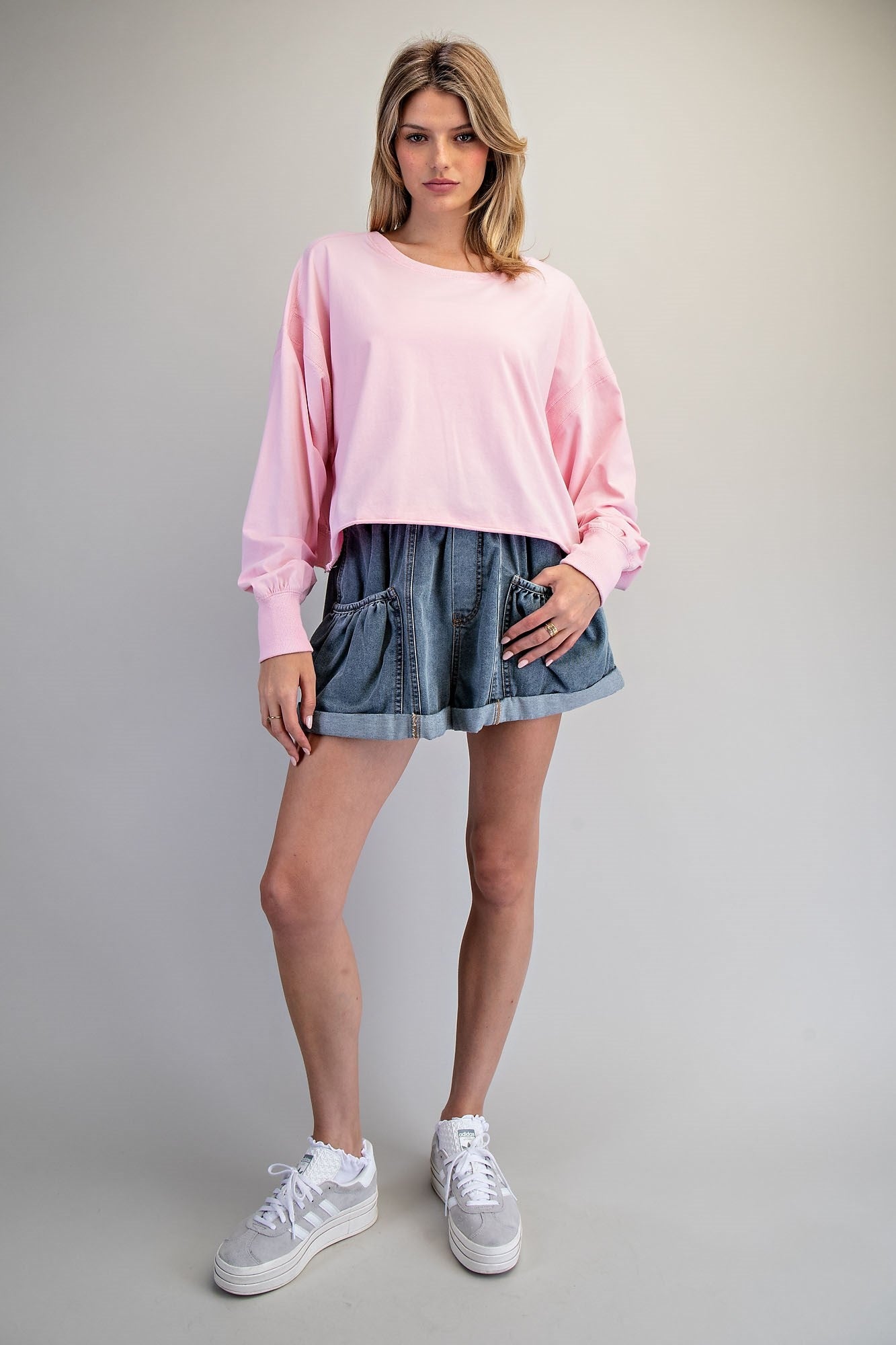 ee:some Mineral Washed Round Neck Top - Sweet Pink-Long Sleeves-ee:some-Deja Nu Boutique, Women's Fashion Boutique in Lampasas, Texas