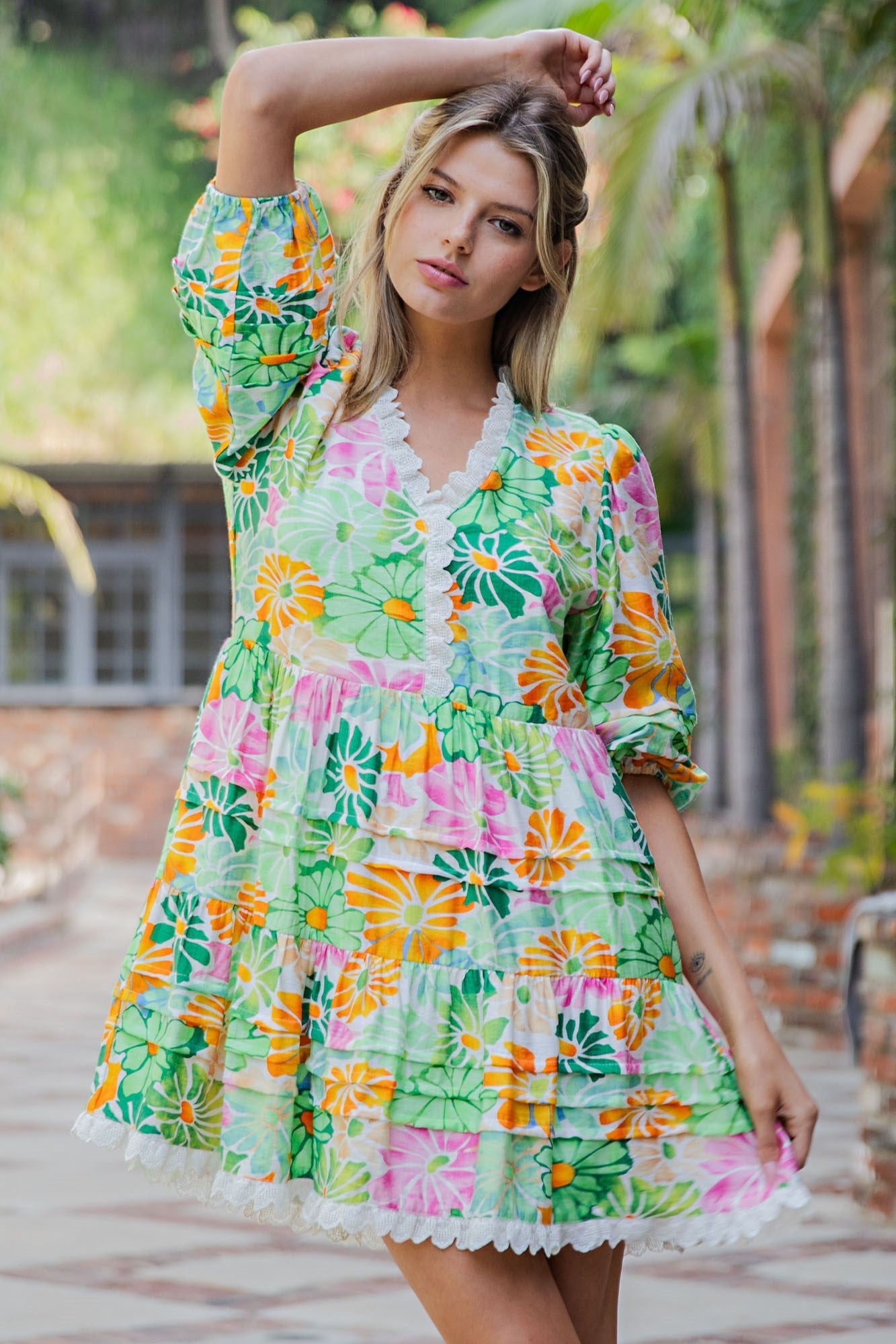 ee:some Floral Lace Trim Tiered Mini Dress – Spring Green Multi-mini dress-eesome-Deja Nu Boutique, Women's Fashion Boutique in Lampasas, Texas
