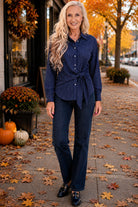 ee:some Navy Pinstriped Tie Waist Button-Down Blouse-shirts-ee:some-Deja Nu Boutique, Women's Fashion Boutique in Lampasas, Texas