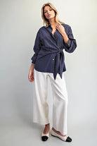 ee:some Navy Pinstriped Tie Waist Button-Down Blouse-shirts-ee:some-Deja Nu Boutique, Women's Fashion Boutique in Lampasas, Texas