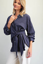 ee:some Navy Pinstriped Tie Waist Button-Down Blouse-shirts-ee:some-Deja Nu Boutique, Women's Fashion Boutique in Lampasas, Texas