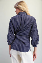 ee:some Navy Pinstriped Tie Waist Button-Down Blouse-shirts-ee:some-Deja Nu Boutique, Women's Fashion Boutique in Lampasas, Texas