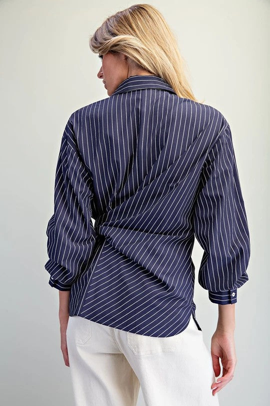 ee:some Navy Pinstriped Tie Waist Button-Down Blouse-shirts-ee:some-Deja Nu Boutique, Women's Fashion Boutique in Lampasas, Texas