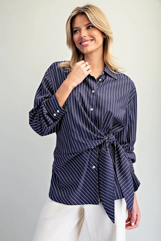 ee:some Navy Pinstriped Tie Waist Button-Down Blouse-shirts-ee:some-Deja Nu Boutique, Women's Fashion Boutique in Lampasas, Texas