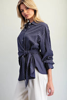 ee:some Navy Pinstriped Tie Waist Button-Down Blouse-shirts-ee:some-Deja Nu Boutique, Women's Fashion Boutique in Lampasas, Texas